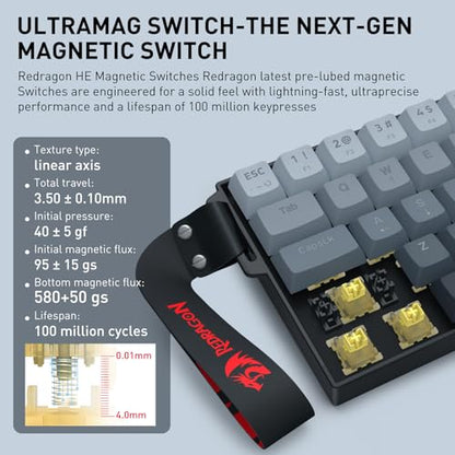 Redragon K617 HE Rapid Trigger Gaming Keyboard, 60% 61 Keys Wired Mechanical Keyboard w/Adjustable Hyper-Fast Actuation, Dedicated Hall Effect Magnetic Switch, PBT Gradient Keycap Strap Version - color: Gradient + Strap (HE Version)