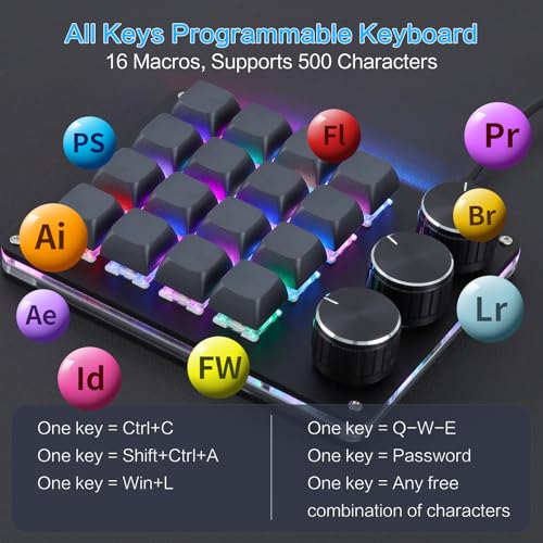 Koolertron Macro Programmable Keypad, One Handed Programmable Mechanical Keyboard, RGB Blue Switch Hot Swappable, 16 Keys 3 Knob Backlit Keypad for Working and Gaming, Black - size: 16-key (3 Knob)