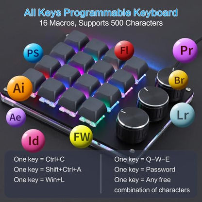 Koolertron Macro Programmable Keypad, One Handed Programmable Mechanical Keyboard, RGB Blue Switch Hot Swappable, 16 Keys 3 Knob Backlit Keypad for Working and Gaming, Black - size: 16-key (3 Knob)