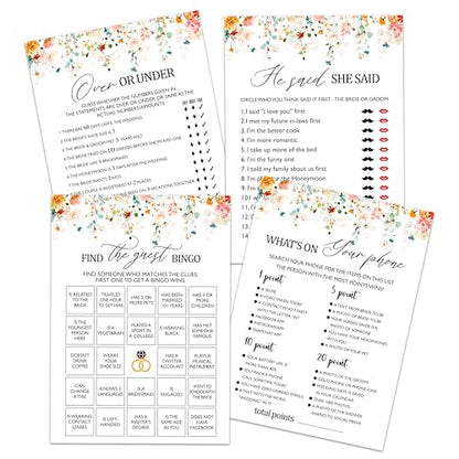Bridal Shower Games Cards Set, Find The Guest Bingo, What's On Your Phone, He Said She Said, Over Or Under, Set Of 4 Boho Floral Bridal Shower Party Game Favors Supplies, Fall Decoration -02 - style: set-02