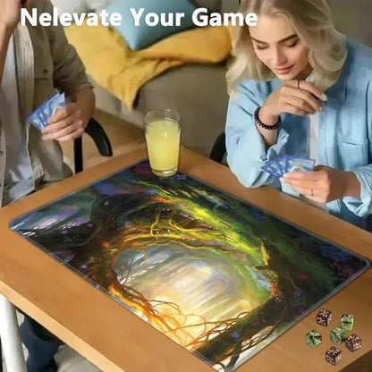 JVGFYNKL MTG Playmat + Drawstring Travel Pouch + 6 Dice Counter, for Tabletop Trading Card Game Playmats or Large Mouse Pad, Anti-Slip Rubber 24 x 14 in, Enchanted Forest TCG Playmat - color: JV-Playmat-1-F-155