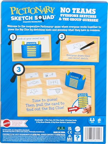 Mattel Games Pictionary Sketch Squad Cooperative Party Game with Clues Case, 2- to 6-Player Drawing Game