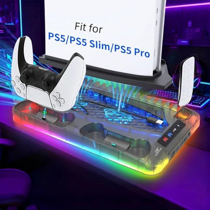 Cooling Station for Ps5/Slim/Pro Disc & Digital Playstation 5 Vertical Stand Organizer with Dual Controller Charger,16 Game Slots,7 Rgb,3 Level Cooler Fan,3 Usb Ports,Headset & Remote Holder - color: Transparent Black