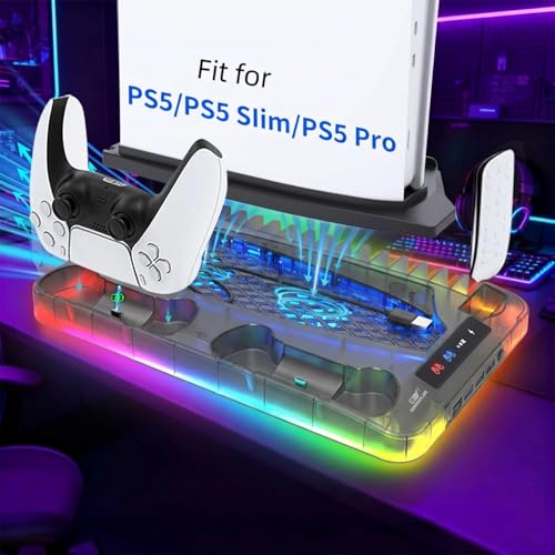 Cooling Station for Ps5/Slim/Pro Disc & Digital Playstation 5 Vertical Stand Organizer with Dual Controller Charger,16 Game Slots,7 Rgb,3 Level Cooler Fan,3 Usb Ports,Headset & Remote Holder - color: Transparent Black