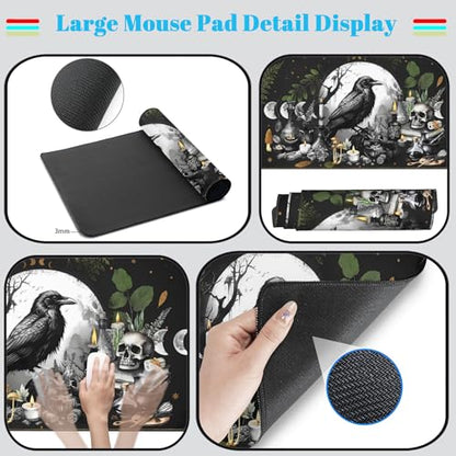 Cute Kawaii Raven Desk Mat XXL Large Extended Gaming Mouse Pad Nature Forest Gothic Mousepad with Stitched Edges, Anime Skull Laptop Keyboard and Mouse Mat Desk Pad for Work Game 31.5x15.7 in - color: Anime Black Crow