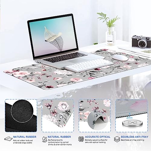 iCasso Large Mouse Pad Wrist Support Set, 4in1 XXL Big Mousepad + Keyboard Wrist Rest + Mouse Wrist Rest + Coaster Set with Ergonomic Design Gaming Mat for Home Office Table Computer - Pink Floral - color: Tea Rose