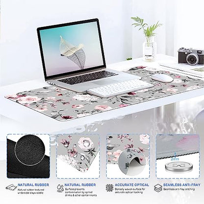 iCasso Large Mouse Pad Wrist Support Set, 4in1 XXL Big Mousepad + Keyboard Wrist Rest + Mouse Wrist Rest + Coaster Set with Ergonomic Design Gaming Mat for Home Office Table Computer - Pink Floral - color: Tea Rose
