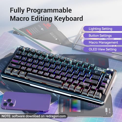 Redragon K708 Wireless Mechanical Keyboard with Screen, Volume Knob & Pre-Lubed Switches - Tri-Mode (Bluetooth/2.4G/USB-C) RGB Gasket Gaming Keyboard, Hot Swappable, 4000mAh Battery for PC, Mac, etc. - color: Black