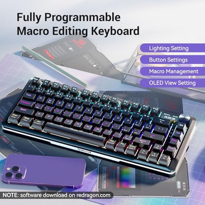 Redragon K708 Wireless Mechanical Keyboard with Screen, Volume Knob & Pre-Lubed Switches - Tri-Mode (Bluetooth/2.4G/USB-C) RGB Gasket Gaming Keyboard, Hot Swappable, 4000mAh Battery for PC, Mac, etc. - color: Black