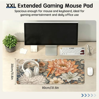 Floral Desk Mat - 31.5x11.8 Inch Japanese Flower Large Mousepad Boho Aesthetic Extended Mouse Pad with Anti-Slip Rubber Base for Computer Mouse Keyboard Home and Office