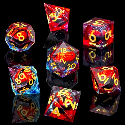 Beholder's Dragon Eye DND Dice Set, 7pcs Liquid Core Dice with Gift Box, Handmade Sharp Edge Resin Dice for Role Playing Dungeons and Dragons Ttrpg(Blue Red Dragon Eye) - color: Gradient- Blue Red Dragon Eye