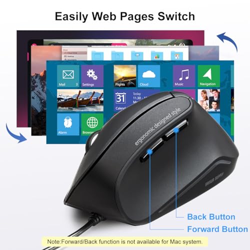 SANWA Wired Ergonomic Vertical Mouse, Silent Click & Remap with Software | 3 Programmable Buttons, Optical USB Mouse, 1000/1600 DPI, Wrist Relief, 55° Natural Comfort, Compatible Win/Mac/Laptop/PC