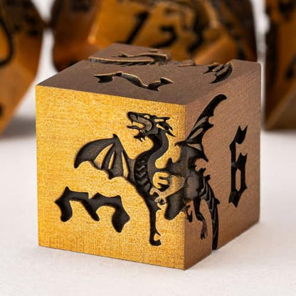 Metallic DND Dragon Dice Set,Sharp Edge Metal Polyhedral Dice with Dragon for Dungeons and Dragons RPG TTRPG D&D 7-Die Set with Gift Case - color: Dragon-antique Gold