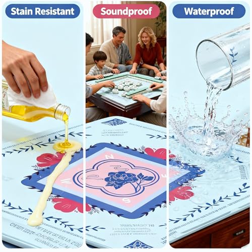 Mahjong Mat for Table, Non-Slip Noise Reducing for American Mahjong/Board Games, 31.5x31.5 Inch Premium Gaming Mat, with Black Storage Pouch (Blue) - color: Blue