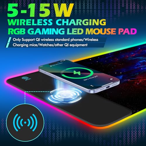 ToLuLu RGB Wireless Charging Gaming Mouse Pad, 7.5/10/15W 10 Light Modes LED Mouse Pad Computer Keyboard Mat Mousepad, 800x300x4MM Extended Large Desk Pad Desk Mat for Gamer, Red Blue Galaxy - color: Red Blue Galaxy