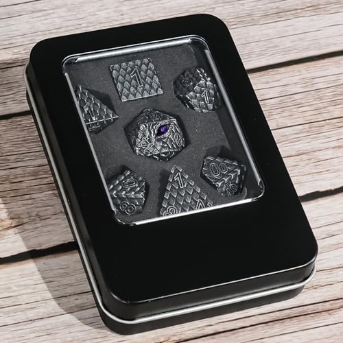 Metal Dice Set D&D,7 PCS Dragon Scale Metallic DND Dice Set,Dragon Eye Metal Dice with Grogeous Gift Case for Dungeons and Dragon Tabletop Game (Old Grey Dragon Scale & Purple Eye) - color: Old Grey Dragon Scale & Purple Eye