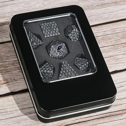 Metal Dice Set D&D,7 PCS Dragon Scale Metallic DND Dice Set,Dragon Eye Metal Dice with Grogeous Gift Case for Dungeons and Dragon Tabletop Game (Old Grey Dragon Scale & Purple Eye) - color: Old Grey Dragon Scale & Purple Eye
