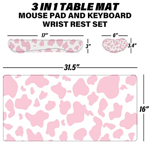 3Pcs Large Gaming Mouse Pad Desk Mat,Keyboard Mouse Wrist Rest Support Set,Extended Laptop Mouse Pad Memory Foam Non-Slip Base for Gamer Home Office(31.5x15.7in)-Pink Cow Pattern - color: B2-Pink