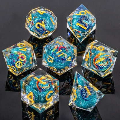Roycevon Dragon Pattern Liquid Core DND Dice Set, 7Pcs Sharp Edge Dice with Gift Box, Resin Blue Dungeons Dragons D and D Role Playing Dice D20 D12 D10 D8 D6 D4 - color: Blue Gold