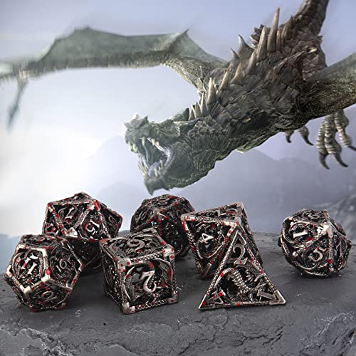 DND Dice Hollow D&D Metal Dice Dungeons and Dragons Dice Set with Gift Box 7 PCs Steampunk Polyhedral Dice Games Set for RPG,MTG,Pathfinder,(Dragon Blood Spattered) - color: Dragon Blood Spattered