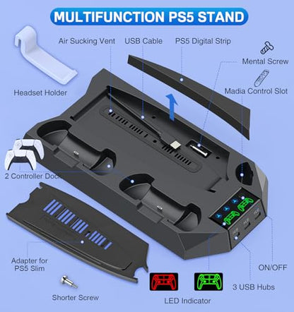 PS5/Slim/Pro Cooling Station for Playstation 5 Console Disc/Digital Edition - PS5 Slim Pro Cooling Stand with Controller Charging Station Accessories-Cooler Fan/Headset Holder/3 USB Hub, Black - color: 2-Black