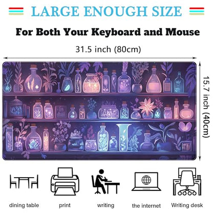 Cute Cozy Purple Gaming Desk Mat, Mystical Potion Bottles Mouse Pad XXL Large Extended Aesthetic Apothecary Shelf Desk Pad, Fun Computer Desktop Pad Mat Laptop Keyboard and Mouse Mat 31.5x15.7 in - color: Purple Potion Bottles