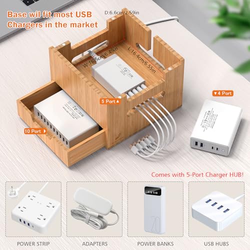 Pezin & Hulin Multi Device Charging Station with Drawer & USB Charger | All in One Dock Organizer with Large Storage, Bamboo Rack for Phones, Tablets, Watch, Earbuds (Charger & 5 Cables Included) - color: #2 (With Charger)