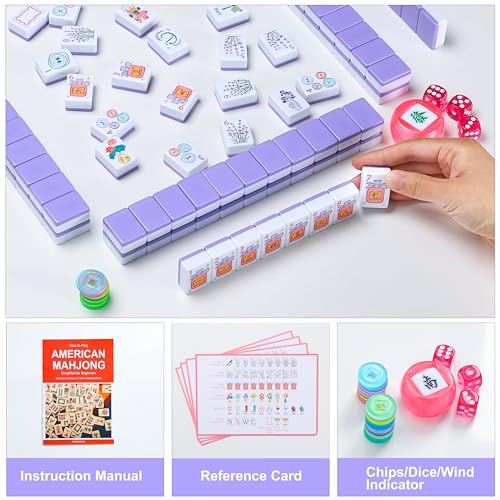 American Mahjong Tile Set, 160 Purple Engraved Melamine Mahjong Tiles with Mahjong Tiles Bag and Mahjongg Accessories - color: Purple