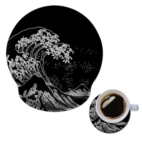 Mouse Pad with Wrist Support, Ergonomic Mouse Pad with Memory Foam Wrist Rest Cushion, Non-Slip Rubber Base Gaming Mice Pad for Home Office Computer Laptop,Japanese Wave - color: Japanese Wave