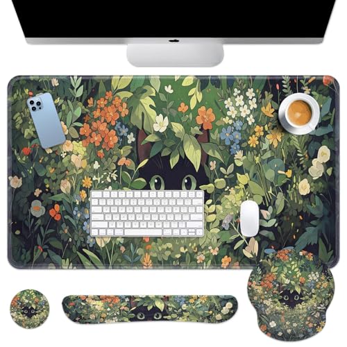 Arttown Keyboard Mouse Pad Set, 4 in 1 Desk Mat Set Cat Flower | Cute Green Leaves Large Mousepad+Keyboard Wrist Rest+Mouse Wrist Rest+Coaster Ergonomic Design for Home Office Computer - color: Cute Cat