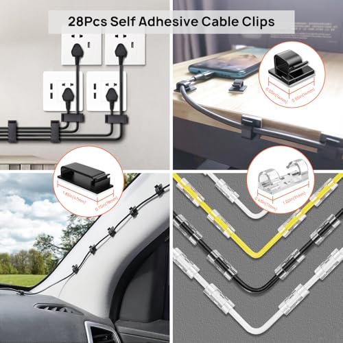 Cable Management Kit - 4 Cable Sleeve, 57 Self Adhesive Cable Clips, 12 Hanging Strips, 12 Cable Organizer Straps and 100 Fastening Cable Ties for TV Computer Under Desk (Black and White) - color: Black