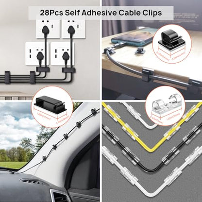 Cable Management Kit - 4 Cable Sleeve, 57 Self Adhesive Cable Clips, 12 Hanging Strips, 12 Cable Organizer Straps and 100 Fastening Cable Ties for TV Computer Under Desk (Black and White) - color: Black