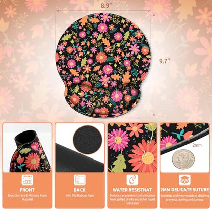 KONVINIT Ergonomic Mouse Pad with Wrist Rest, Small Mousepad with Non-Slip Rubber Base and Smooth Surface, Black Flowers Mouse Pads for Desk, Office Desk Accessories - color: Black Flowers