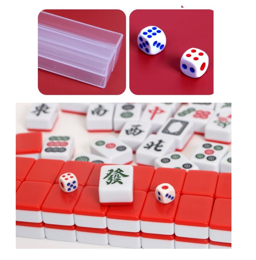 Red Mini Mahjong Set 麻将 Waterproof Mahjong Portable Mini Mahjong Internet Celebrity Creative Portable Outdoor Travel Mahjong with gife Box Carrying Travel Dragon Case,Mahjong Tile Game,2 Dice 4 Racks