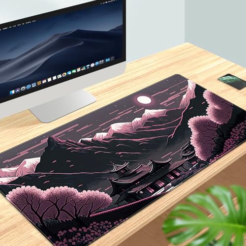 Sakura Blossom Desk Mat Japanese Scenery Mountain Large Mouse Pad XXL Extended Gaming Mousepad Japan Black Pink Aesthetic Desk Pad Keyboard Mouse Mat 31.5''X15.7'' Desk Decor - color: Sakura Blossom
