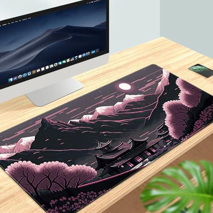 Sakura Blossom Desk Mat Japanese Scenery Mountain Large Mouse Pad XXL Extended Gaming Mousepad Japan Black Pink Aesthetic Desk Pad Keyboard Mouse Mat 31.5''X15.7'' Desk Decor - color: Sakura Blossom