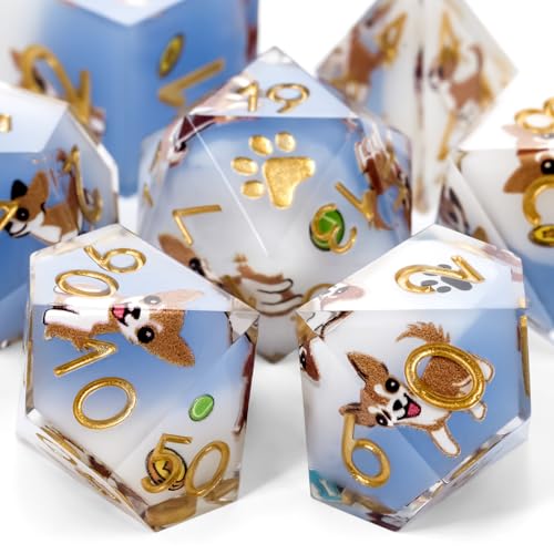 DND Dice Set 7-Pcs, Sharp Edge Cute Dog Style Resin Dice Polyhedral Resin Sharp Edge Dice for Roleplaying Games Dungeons and Dragons RPG MTG Table Games（Chihuahua） - color: Blue and White, style: Chihuahua