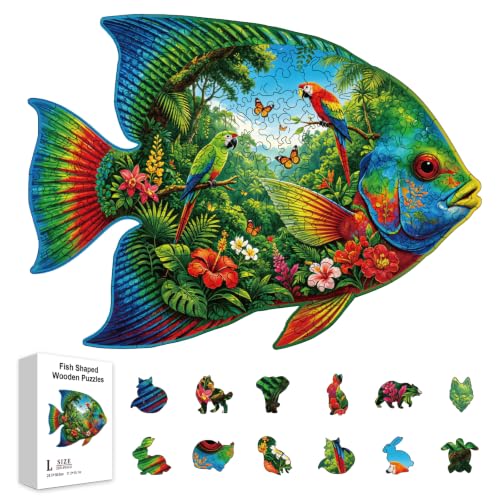 300pcs Wooden Puzzles for Adults Scenic Fish | Wood Jigsaw Puzzles with Unique Marine Animal Shaped Pieces Challenging Puzzle for Family Game Birthday Gift Home Decor - color: Scenic Fish