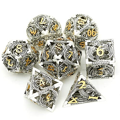 DND Dice Set Metal Dice Dungeons and Dragons Dice Gift Polyhedral Dice Set Role Playing Dice D20 Hollow Polyhedral Dice Set for Dungeons and Dragons RPG MTG Table Games - color: Ancient Silver and Gold