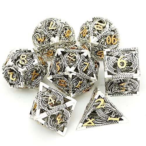 Metal DND Dragon Dice Set Dungeons and Dragons for Role Playing Games (RPG) MTG Pathfinder Tabletop Games(Ancient Silver Gold) - color: Ancient Silver/ Gold