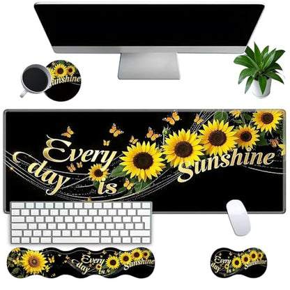Large Gaming Mouse Pad Set with Wrist Support – 31.5" x 11.8" 4-in-1 XXL Mousepad with Keyboard Wrist Rest, Mouse Wrist Rest & Coaster – Ergonomic Desk Mat for Office, Home – Sunflower - color: Sunflower