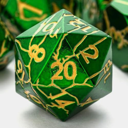Metal Dice for DND - Ancient Cracked Lightning - Green Gold Cracks | Beautiful 7pc Polyhedral Dice Set, Smooth Rolling, Role Playing Games (RPG), Compatible with D&D, for Dungeons and Dragons - color: Green Gold Lightning