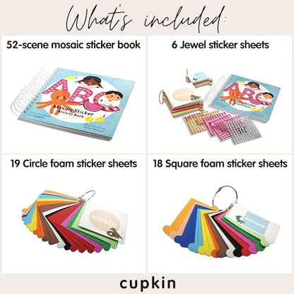 Mosaic Sticker Art 3000+ Kids Craft Kit by Cupkin, Fun Sticker by Number Activity Book, Road Trip Essentials, 52 Pages with Jewel & Foam Stickers, ABC Mosaics Art Craft Kit for Boys & Girls - color: Abc Mosaic