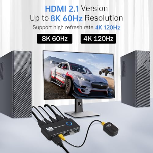 USB 3.0 8K@60Hz KVM Switch 1 Monitor 2 Computers - 4K@120Hz HDMI 2.1 KVM Switches with 3 Ports for Sharing Monitor Keyboard Mouse Hard Drives and Printer Includes 2 HDMI & USB Cables and Controller
