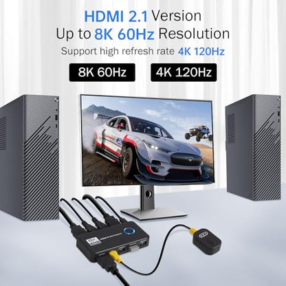 USB 3.0 8K@60Hz KVM Switch 1 Monitor 2 Computers - 4K@120Hz HDMI 2.1 KVM Switches with 3 Ports for Sharing Monitor Keyboard Mouse Hard Drives and Printer Includes 2 HDMI & USB Cables and Controller