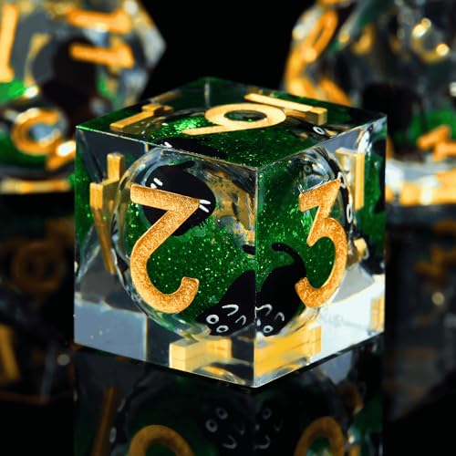 Liquid Core Cat DND Dice Set 7Pcs with Box- Sharp Edge Cute Cat Style Resin Dice for D&D, Roleplaying Games, RPG, MTG, Table Games D20 D12 D10 D8 D6 D4(Cathead-Green)
