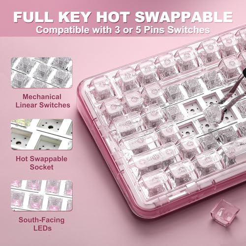 YUNZII X98 Wireless Mechanical Keyboard with Knob (Pink, Crystal Switch) | BT5.0/USB-C/2.4GHz,1800 Layout with Number Pad,Pre-lubed Switches Gasket Mount ,Clear Keyboard with RGB for Wins/Mac/Gaming - color: Pink, size: Crystal Switch