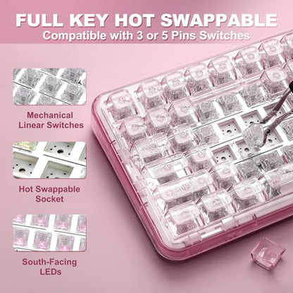 YUNZII X98 Wireless Mechanical Keyboard with Knob (Pink, Crystal Switch) | BT5.0/USB-C/2.4GHz,1800 Layout with Number Pad,Pre-lubed Switches Gasket Mount ,Clear Keyboard with RGB for Wins/Mac/Gaming - color: Pink, size: Crystal Switch