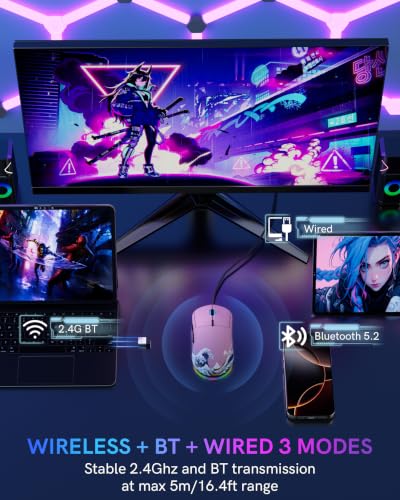 G57 Wireless Gaming Mouse, 8000 DPI, 80g, 2.4G/Bluetooth/USB-C Rechargeable Wireless Mouse with 5 Programmable Buttons for PC/Mac, Pink - color: Pink