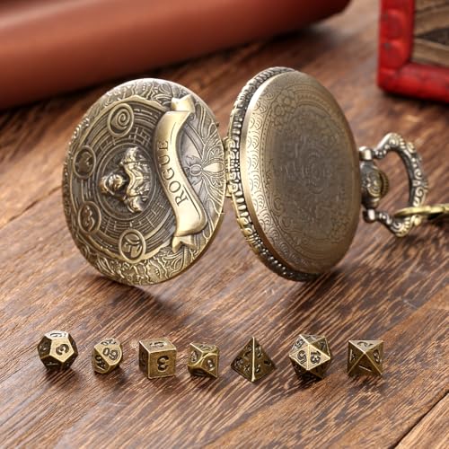 Mini DND Dice Set with Bronze Steampunk Rogue Pocket Watch Case, Tabletop Game Accessories, 7pcs Polyhedral Metal Dice, D&D Starter Set, Gifts with Dice Bag for RPG DM Gamer - color: Rogue Dice Set